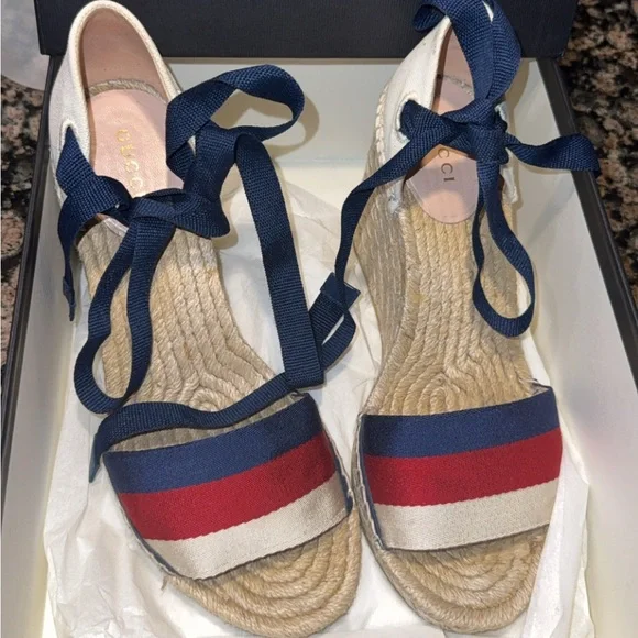 Gucci Red, White & Navy Espadrille Wedge Sandals - Picture 2 of 2